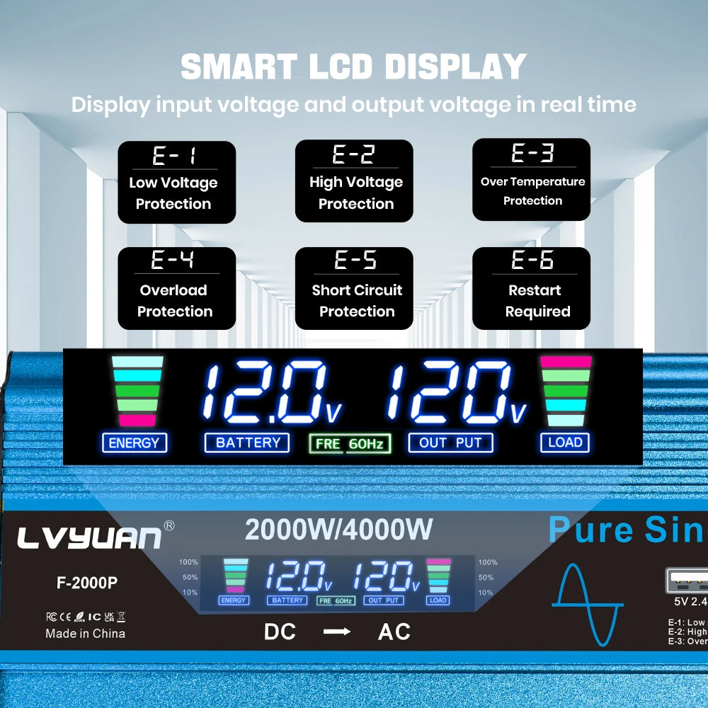 4000W Pure Sine Wave Inverter DC 12v/24v To AC 110v 60HZ Voltage Converter Car Solar Power Inverter
