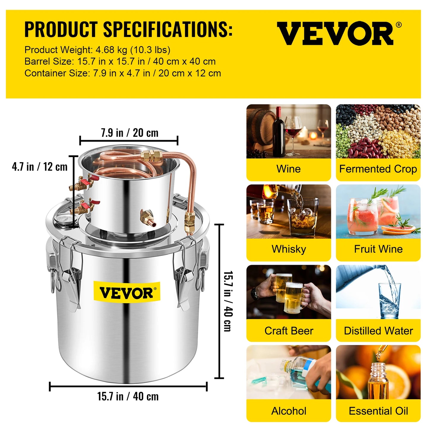 3, 5, 8, 13 Gal Distiller, Alcohol Still Stainless Copper DIY Home Brewing Kit