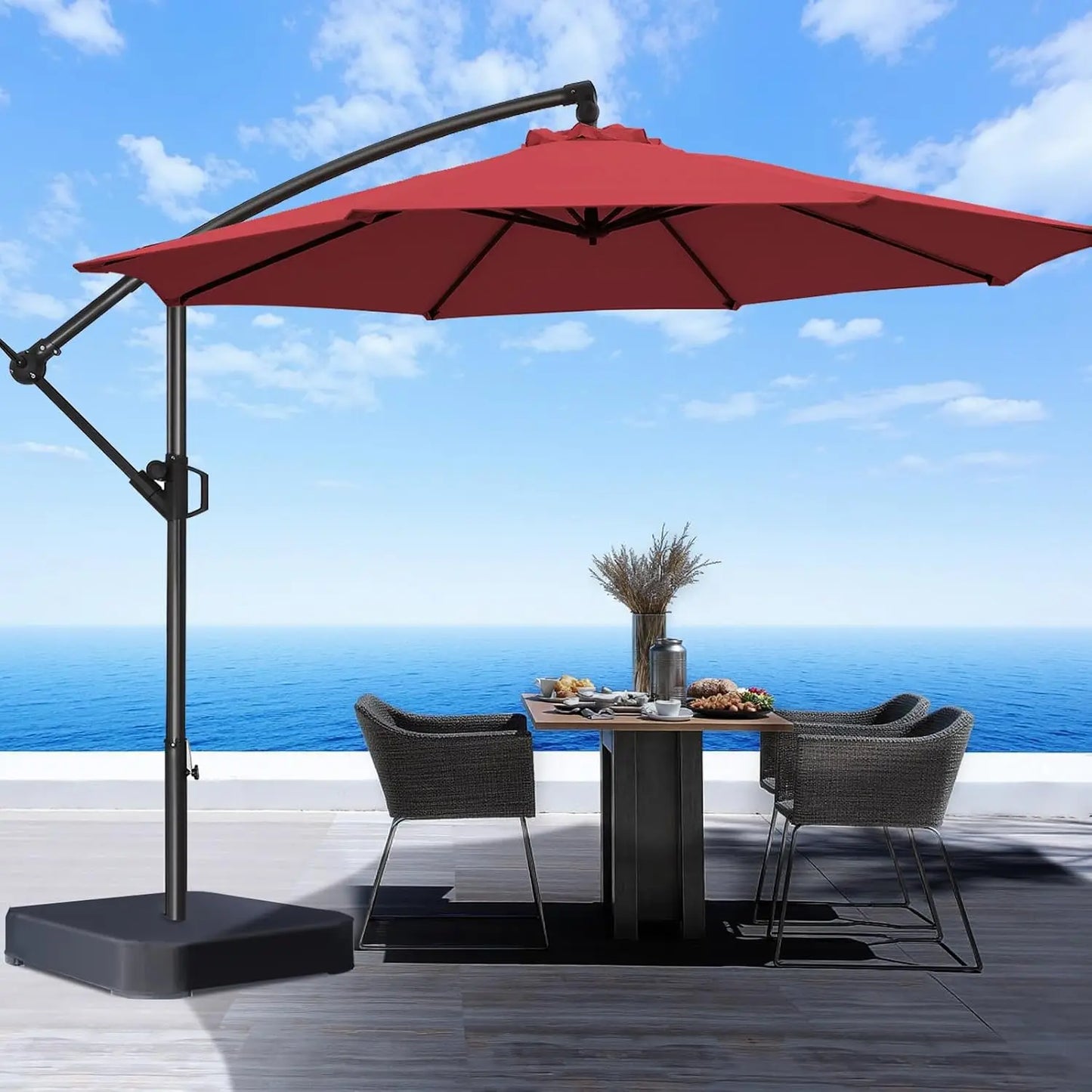 10ft Offset Patio Umbrella - w/Base, Cantilever Offset Hanging Patio Outdoor Umbrella. UPF50+ UV Protection