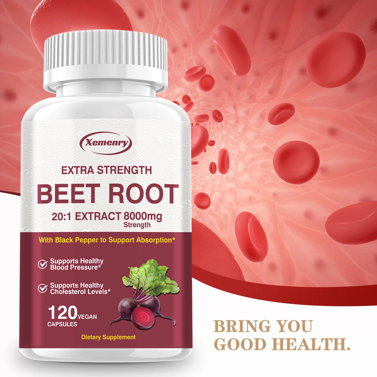 Beet Root Capsules - Enhance Energy, Blood Pressure Support, Healthy Blood Circulation and Heart Health - 120 Capsules