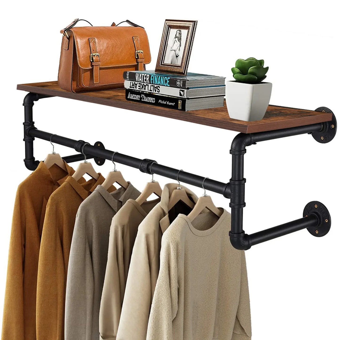 Industrial Pipe Clothing Rack, Wall Mounted  Pipe Shelving with wooden top shelf