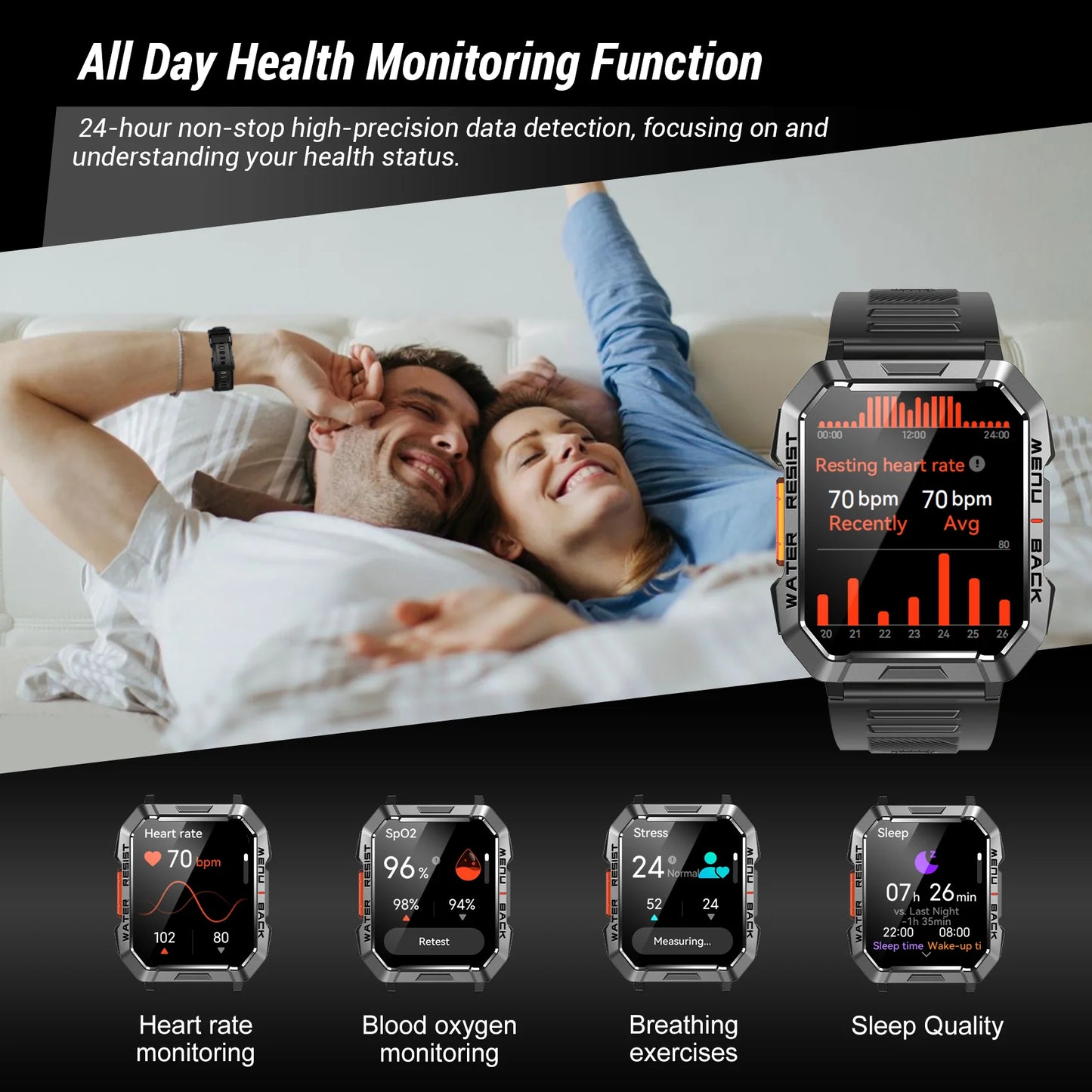 Smart Watch 2.01'' HD Display Outdoor Men's Watches with Emergency Lighting Bluetooth Call Waterproof Smartwatch