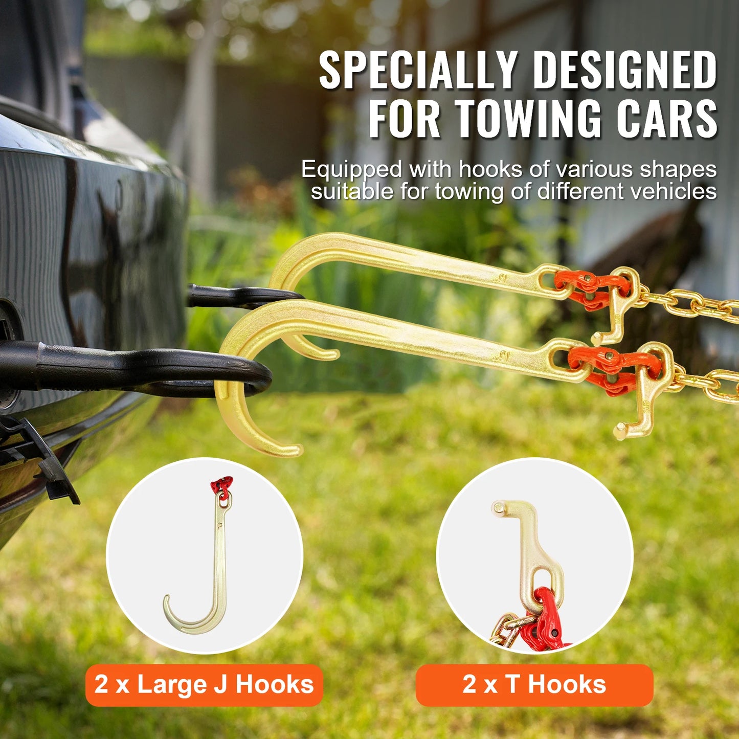 Towing Bridle Chain Towing with 15" J & Grab Hooks Transport Tow Chain Bridle for Flatbed Truck Wrecker Recovery