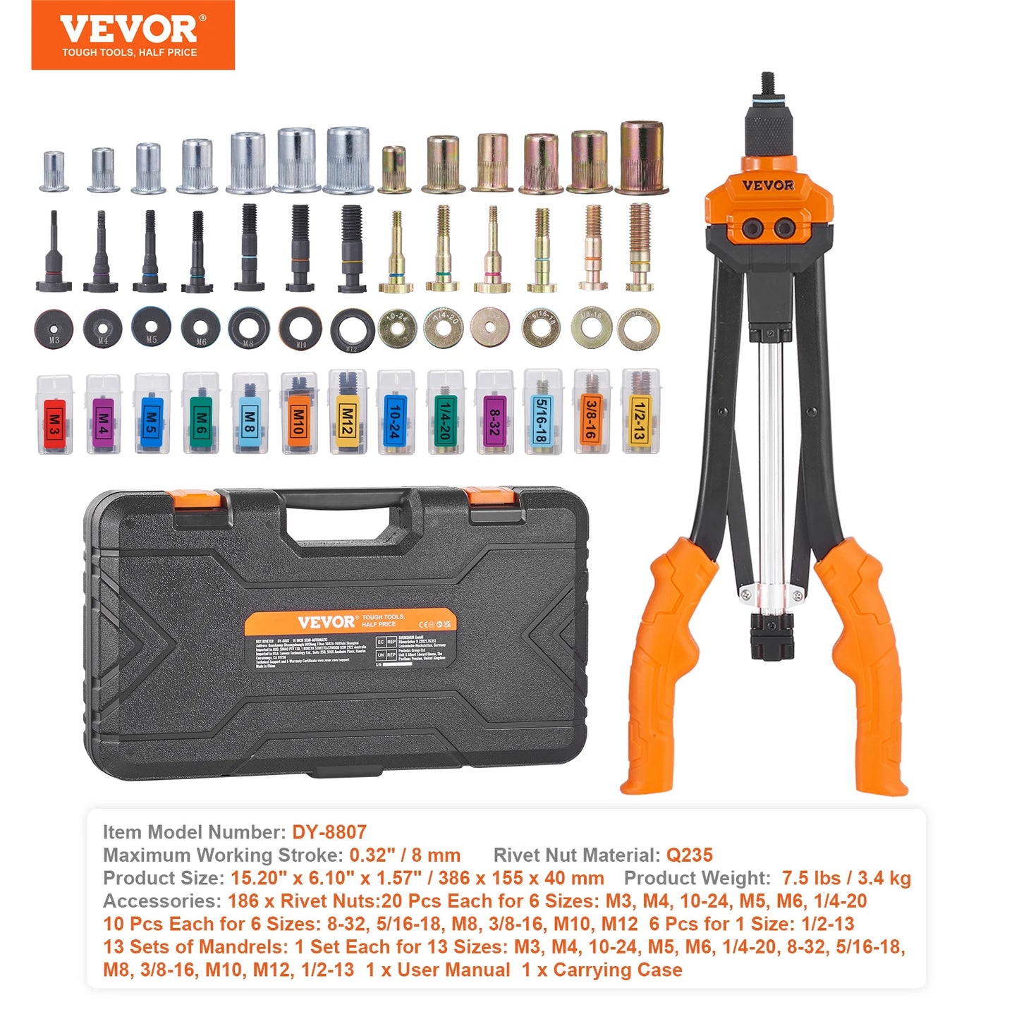 14", 16" Rivet Nut Tool Kit with Metric and SAE Mandrels. 70PCS/186PCS Rivet Nuts With Rugged Carrying Case