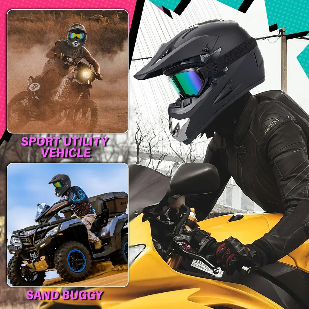 Off-road Full Face Helmet For Adult Dirt Bike, Goggles, Gloves And Face Mask Matte Black DOT