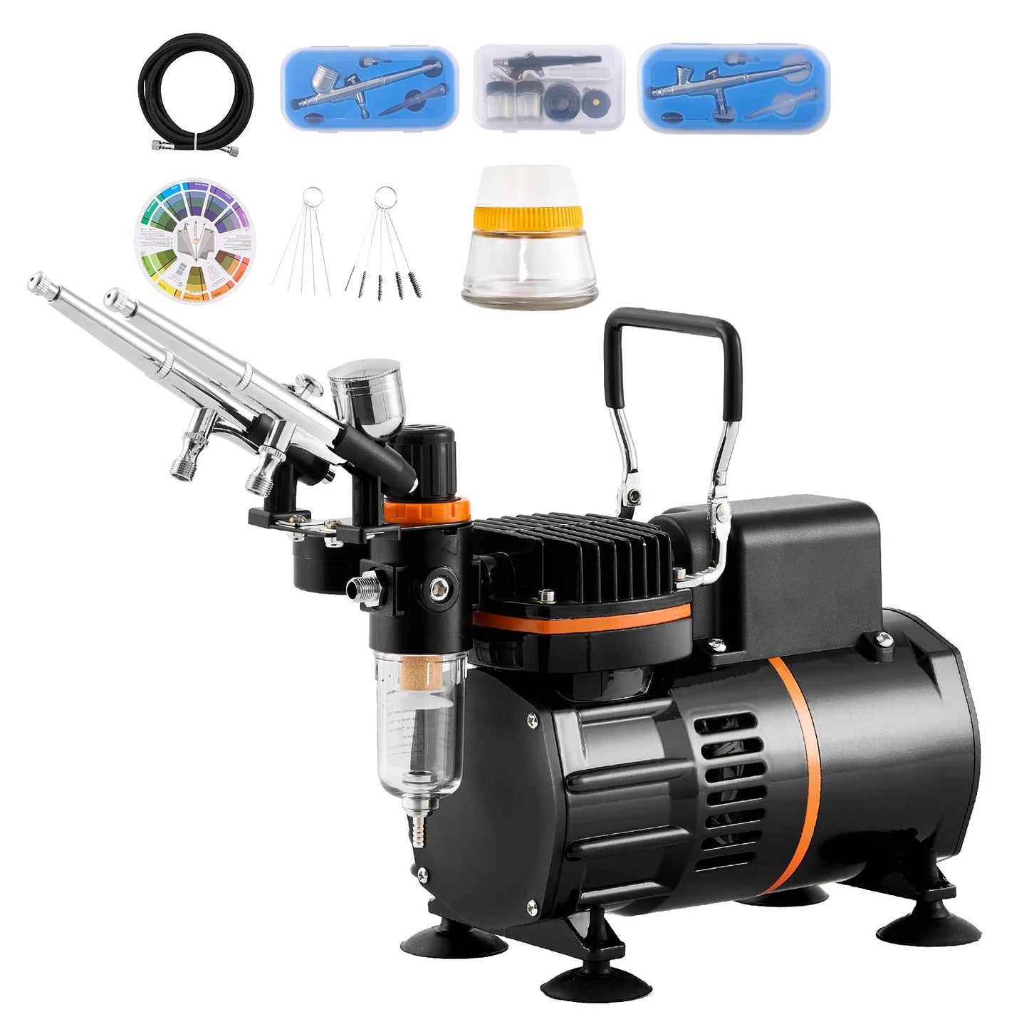 Airbrush Kit, Dual Fan Air Compressor, Professional Airbrushing System, Airbrushes, Mixing Wheel, Cleaning Brush Set