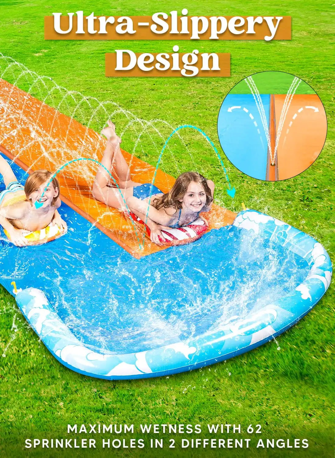 22.5ft Water Slide and 2 Bodyboards. Lawn Backyard Waterslide Water Toy with Built in Sprinkler for Kids Outdoor Water Fun