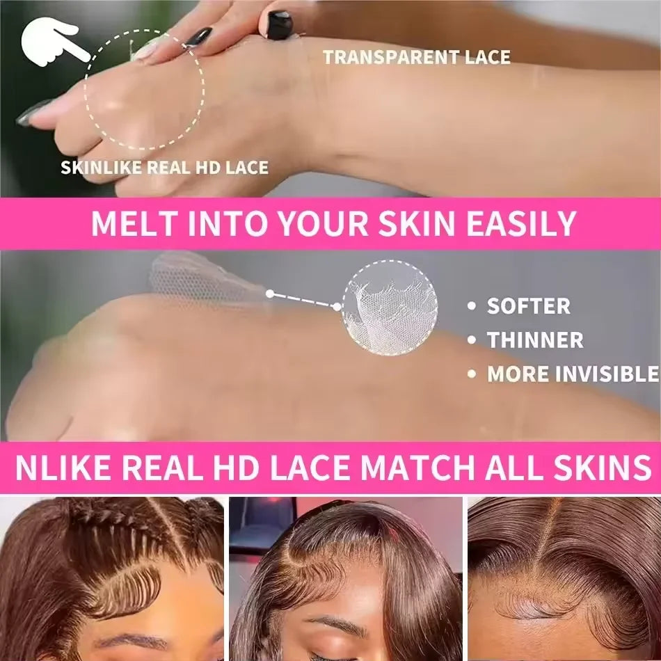 220 Density Full Frontal 13x4 HD Transparent Lace Wig, #4 Chocolate Brown, Straight Short Human Hair