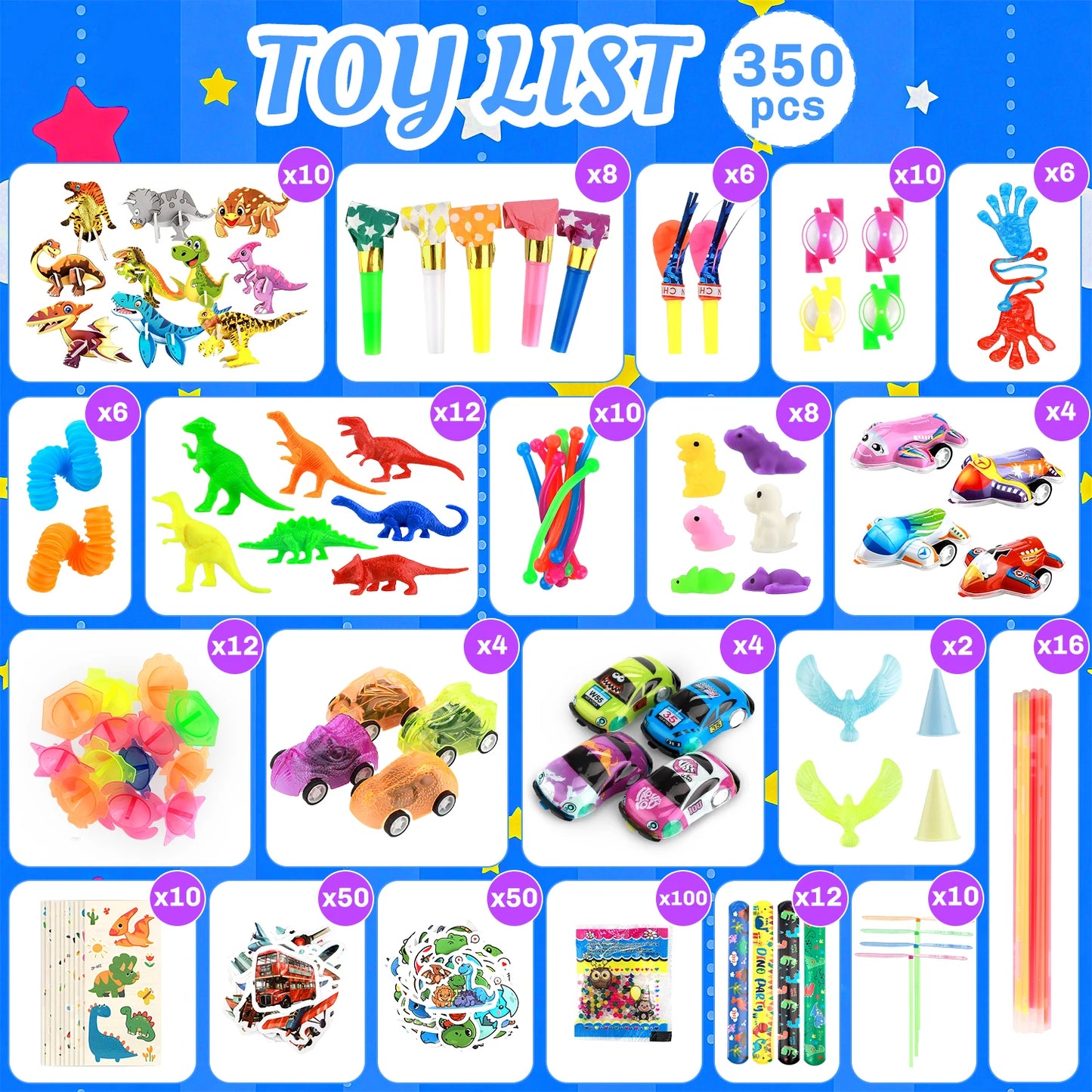 350Pcs Kids Party Favor Set, Kids Birthday Toys with Snap Bracelets, Toy Cars, Dinosaur Stickers ,Carnival Prize ,Fun Gifts