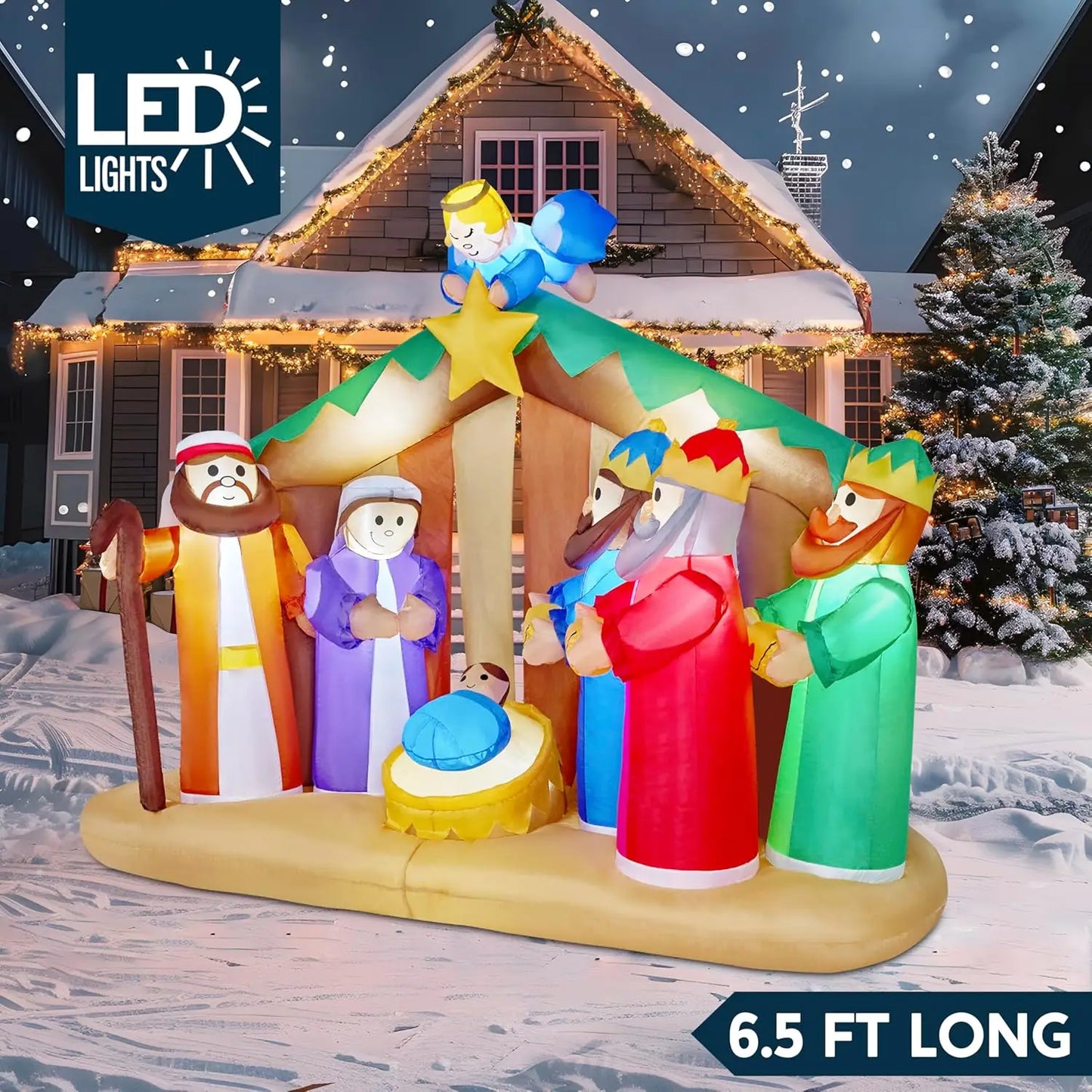 8 FT Long Christmas Inflatables, Nativity Scene Set with Build-in LEDs for Xmas Party Yard Décor
