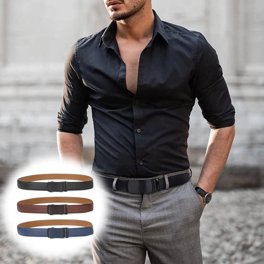 3.5cm Width High Quality Second Layer Cow Leather Belt For Men, Metal Automatic Buckle Ratchet Black Brown