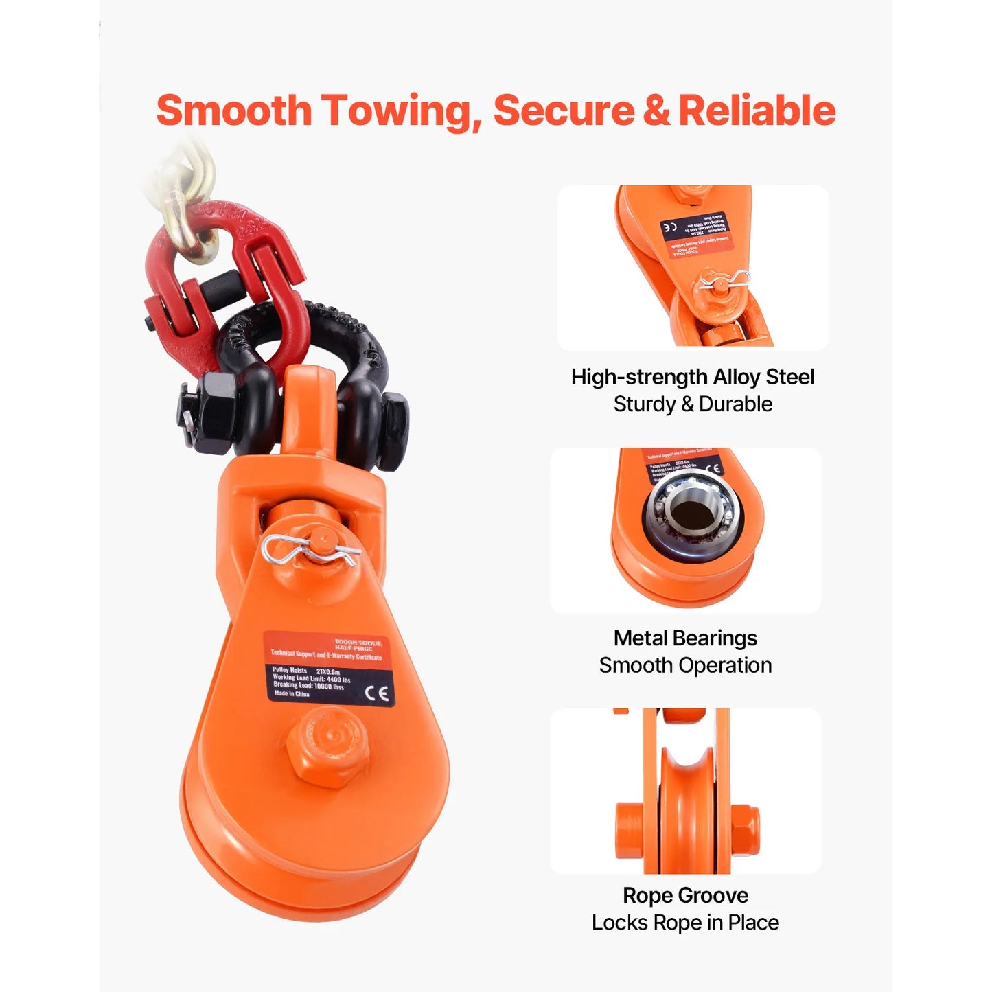 2T Snatch Block Pulley System with Chain & Swivel Shackle, 3" Sheave for 3/8" Rope. Towing, Recovery, Lifting