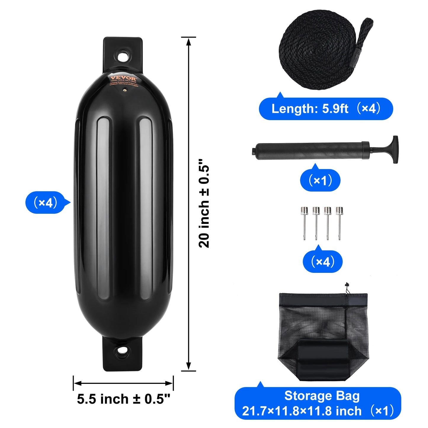 Inflatable Ribbed Fender with Center Holes, Marine Boat Dock Fender Bumper, with Air Pump 4 Needles 4 Ropes & Storage Bag