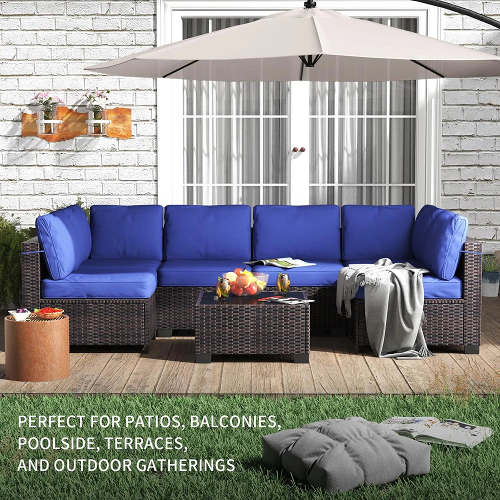 7-Piece Sectional Patio Set, Wicker Outdoor Sofa With Cushions & Glass Coffee Table
