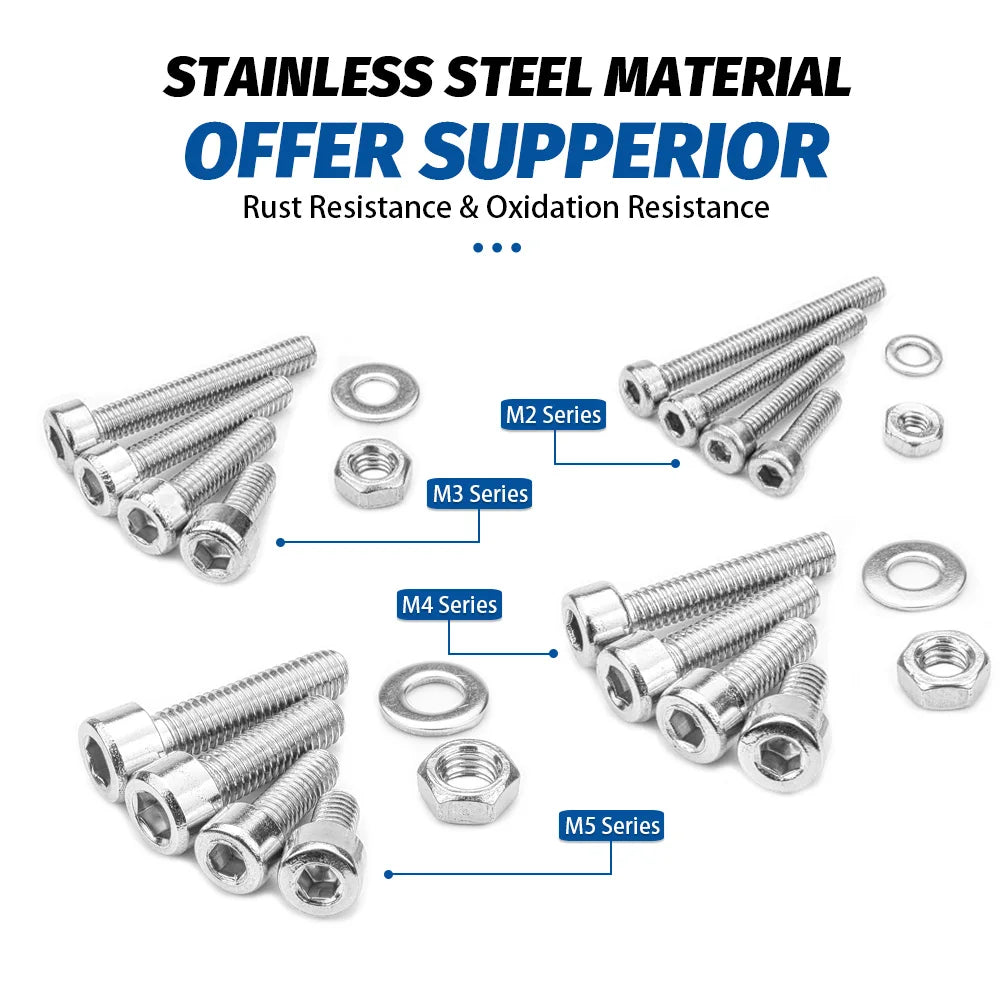880Pcs Hexagon Hex Socket Head Cap Screw Set M2 M3 M4 M5 304 Stainless Steel Nuts & Washer Assortment Kit
