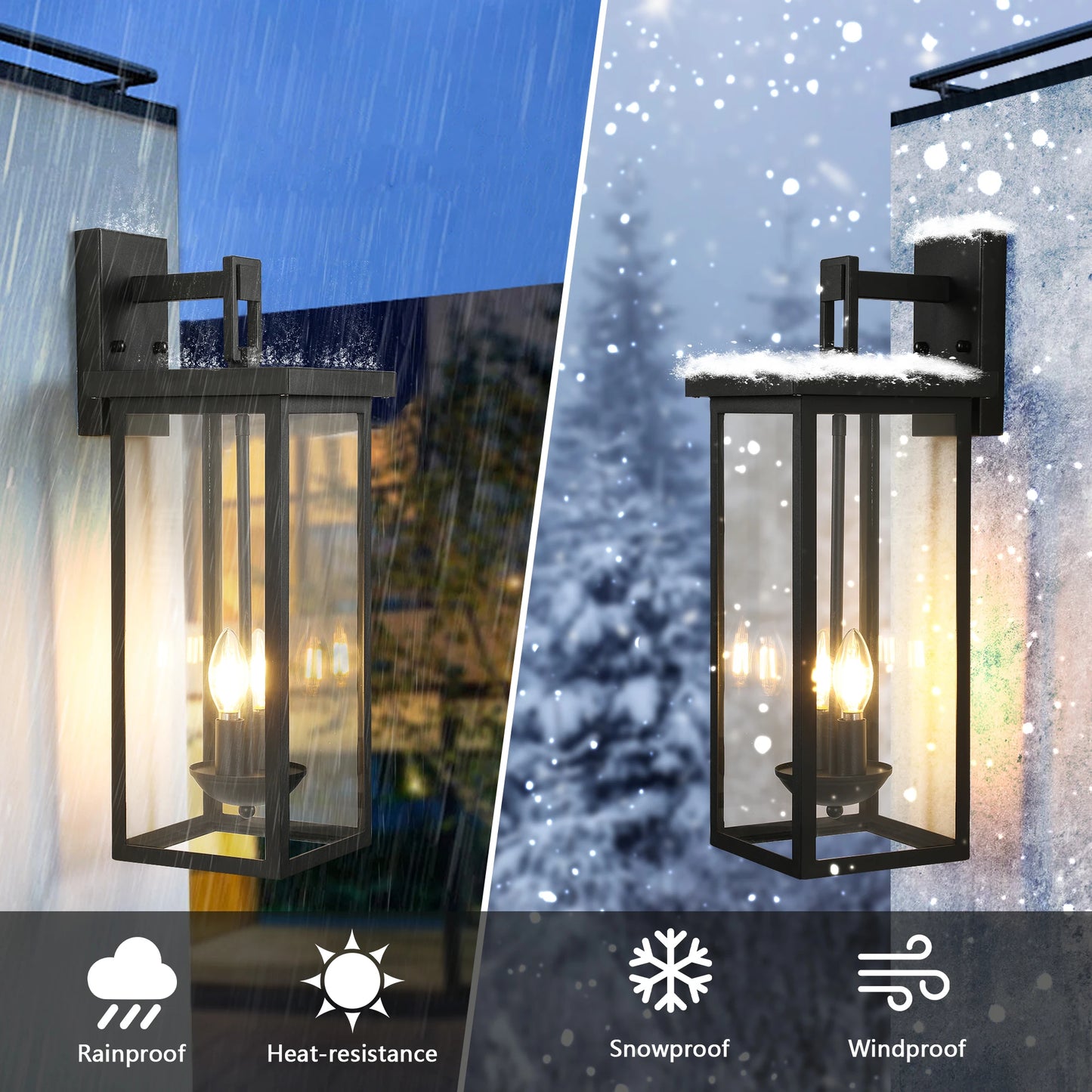 22"(H) Outdoor Wall Lantern with Dusk to Dawn Sensor. Matte Black Finish Clear Glass Panels, Weatherproof Exterior Light