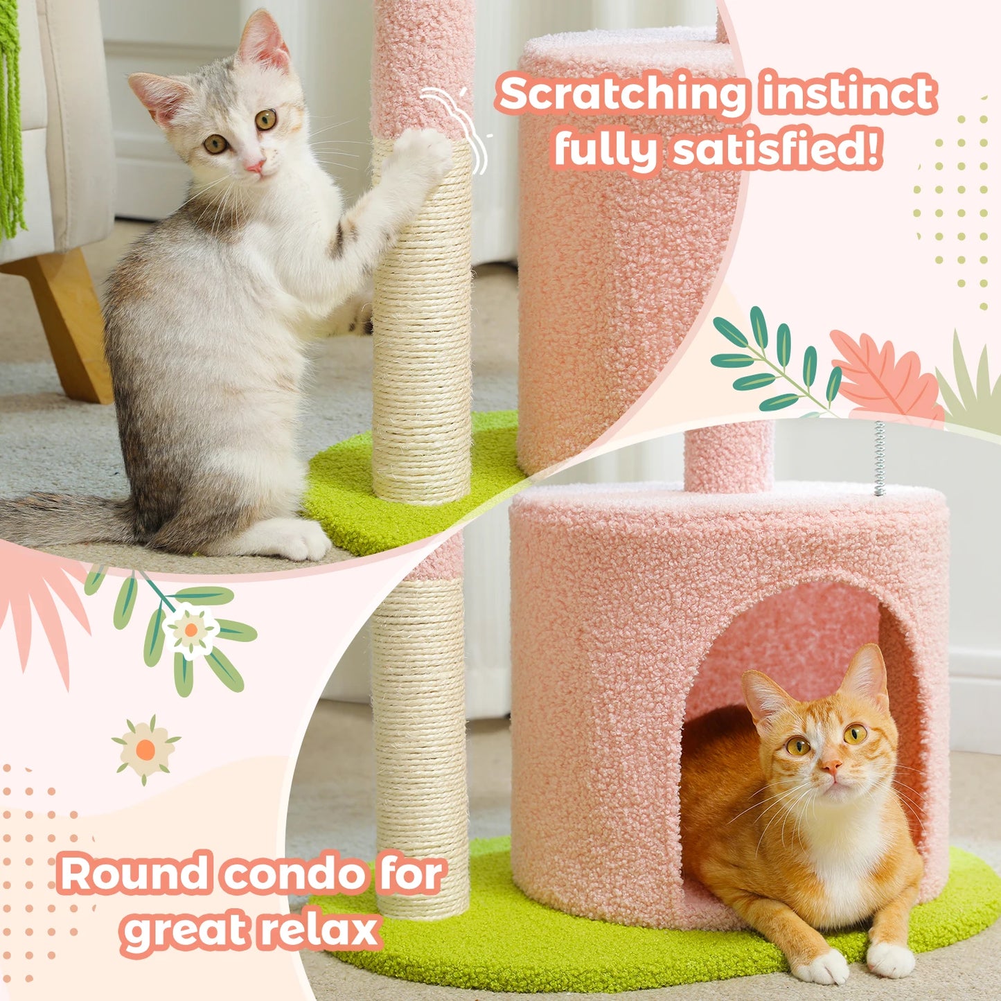 Flower Cat Tree for Cats, Small Cat Tower with Sisal Scratching Post, Soft Condo, Plush Perches, Fluffy Balls, Cat Toys