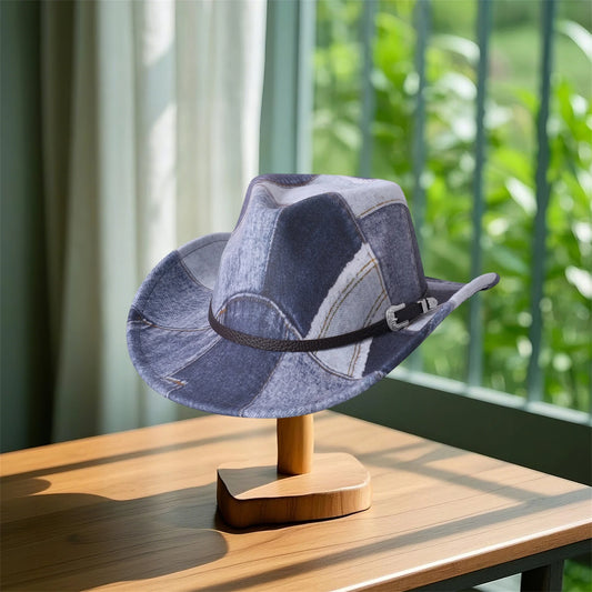 Vintage Style Distressed Denim Cowboy Hat with Ornate Concho Detail Unisex Rodeo Cap