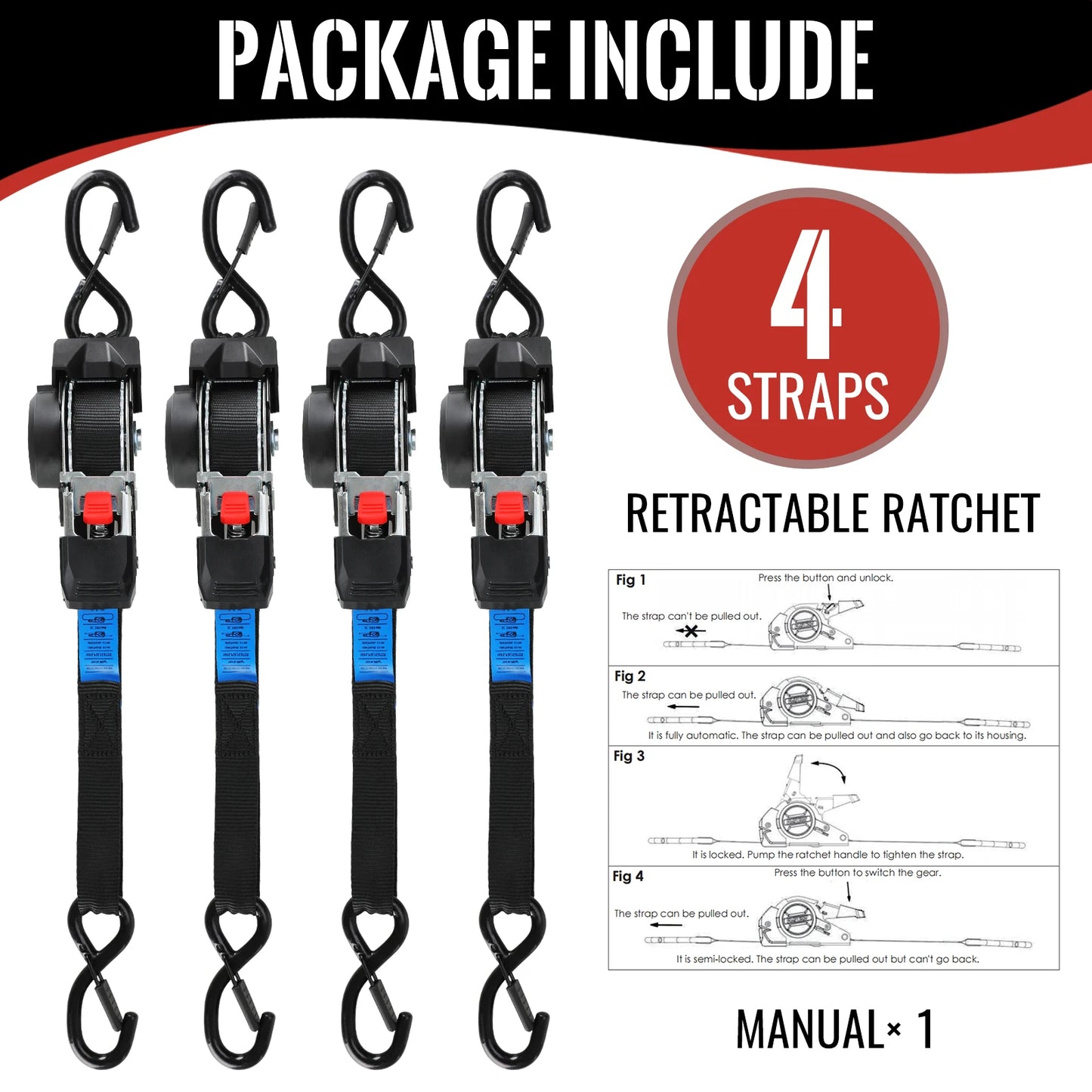 Automatic Ratchet Straps, 2/4/8Pcs, 3Mx25mm, Self-retracting Ratchet Straps with S-hooks 748Kg Breaking Strength Tie-down Straps