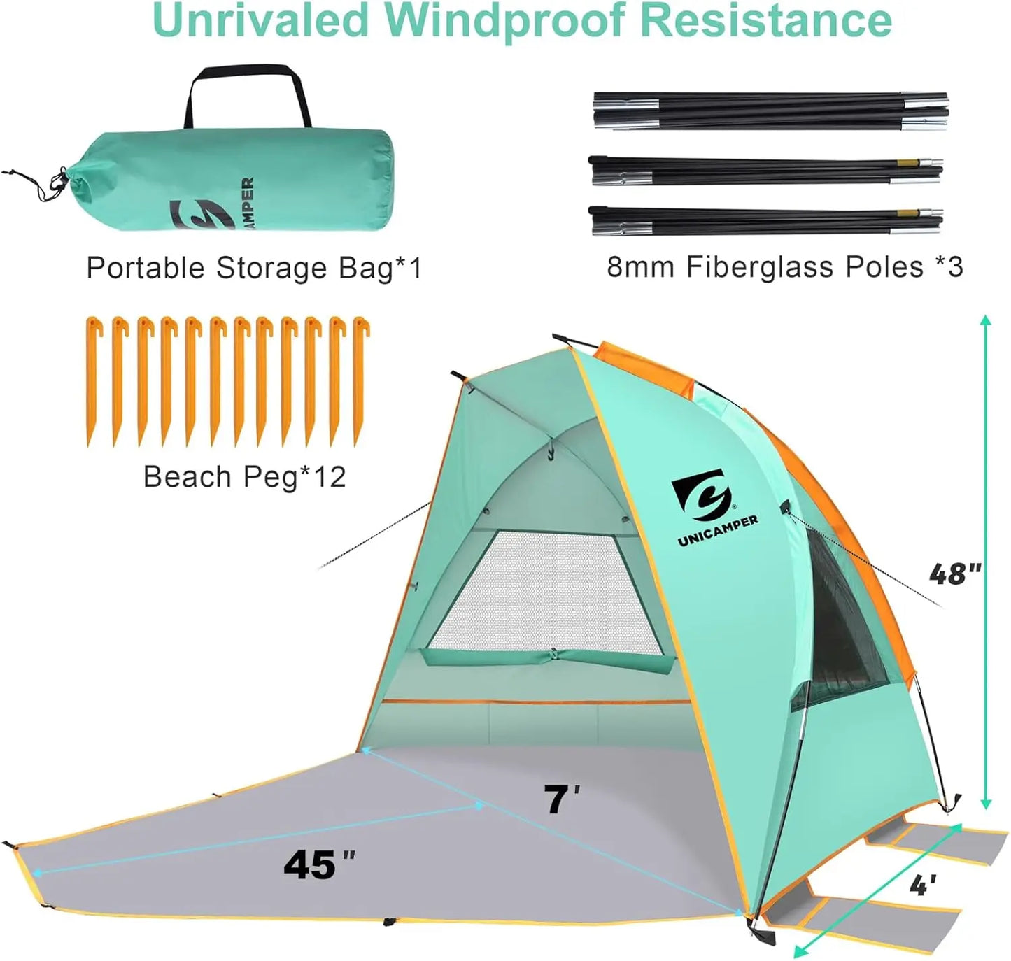 Beach Tent, 3 Person Sun Shelter. UPF 50+ with Extended Waterproof  Floor & 3 Mesh Roll Up Windows