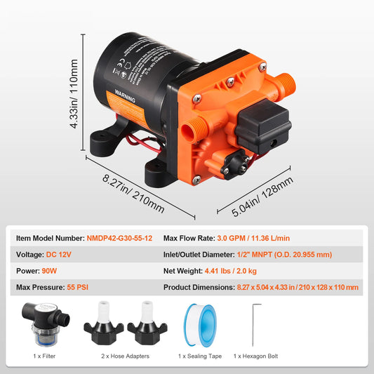 SucceBuy 12V Diaphragm Pump 1.8/3/3.5/5 GPM 3/4/5-Chamber 40-100 PSI Adjustable 1/2'' MNPT Port for RV Yacht Food Truck Camper
