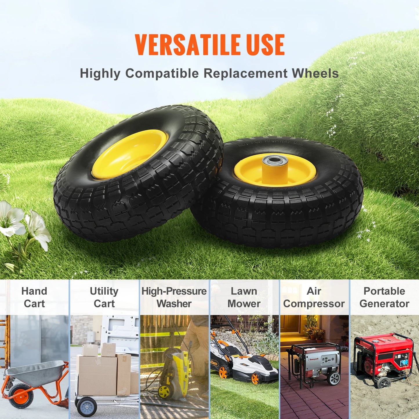 2-Pack Solid PU Run-Flat Tire  and Wheel, 10" Flat Free Tubeless Tires and Wheels for Dollies Garden Trailers Various Carts