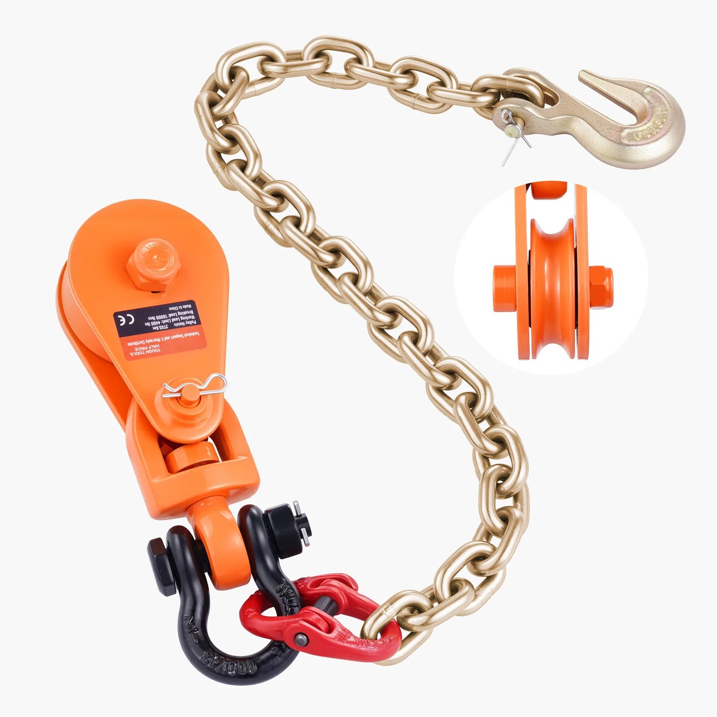 2T Snatch Block Pulley System with Chain & Swivel Shackle, 3" Sheave for 3/8" Rope. Towing, Recovery, Lifting