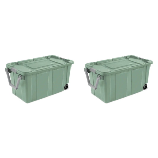 40 Gallon Wheeled Industrial Tote, Plastic Green Sage, Set of 2
