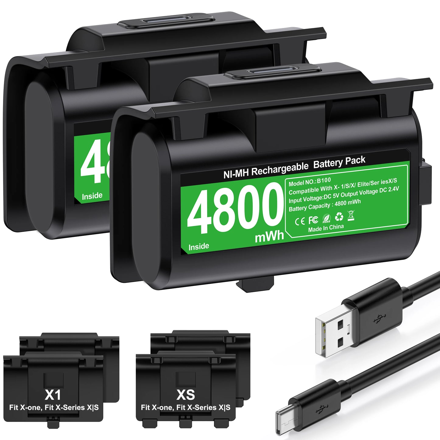 Rechargeable 2x4800mwh Battery Packs For Xbox Series X/S ＆ Xbox, with Charging Cable