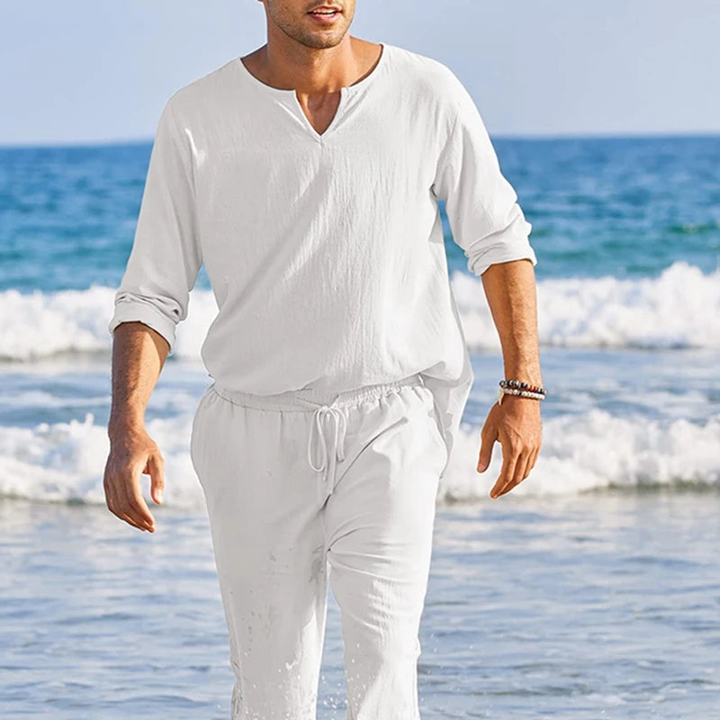 Men s Summer Cotton Linen Solid Color Long Sleeve Henley Shirt Elastic Waist Drawstring Pants 2 Pieces