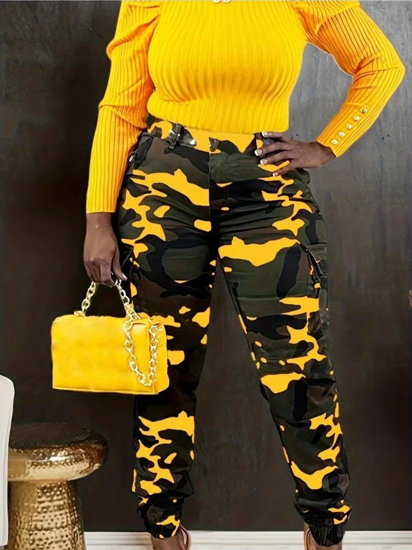 Women's Camouflage Print slacks, Button Zipper, High Waist