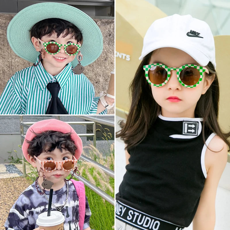 Kids Cute Checker Panel Color Round UV400 Sunglasses