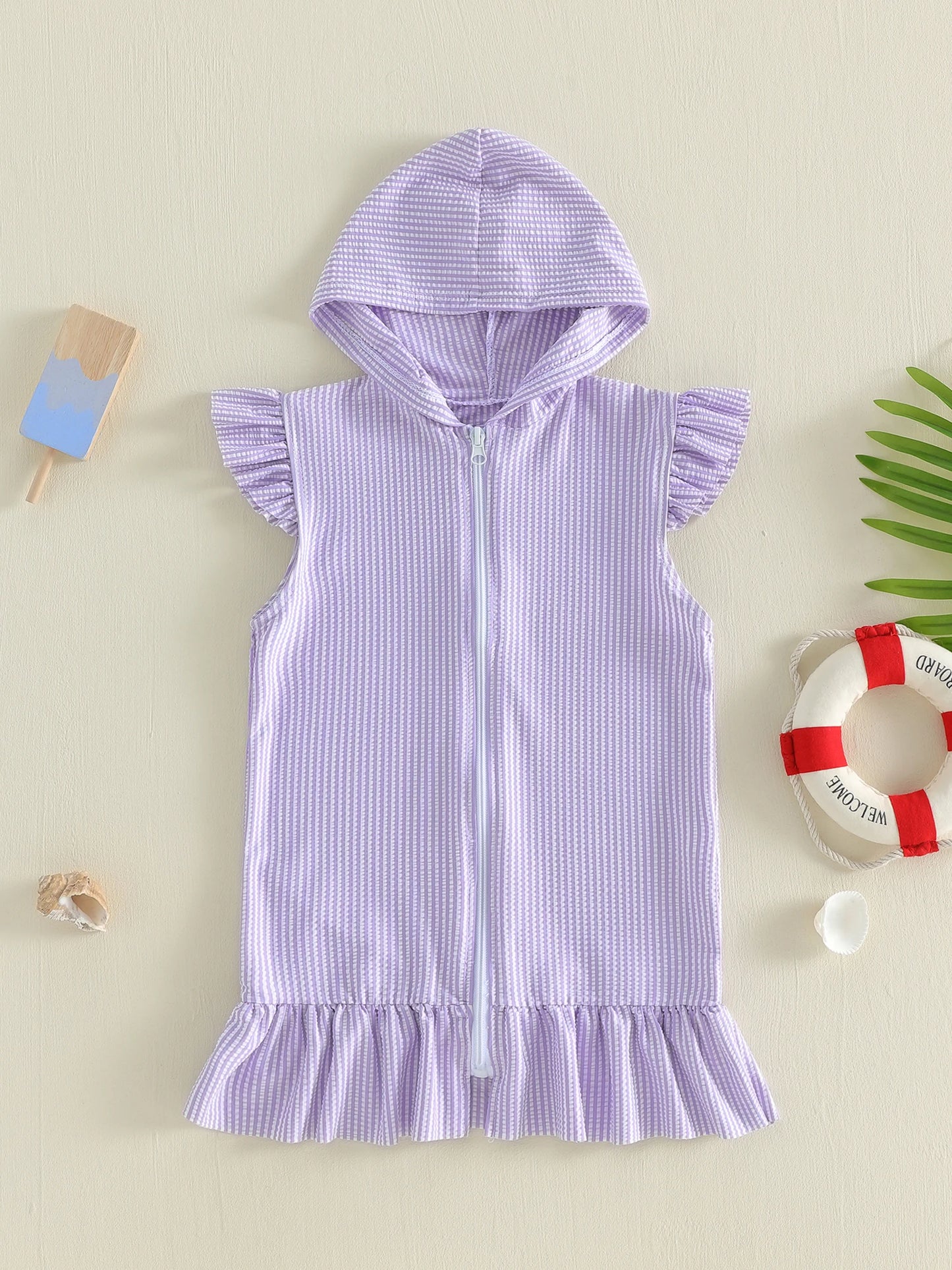 Striped Hooded Terry Cloth Swim Cover Up with Flying Sleeves for Little Girls - Perfect Bathing Suit Wrap for Pool or Beach