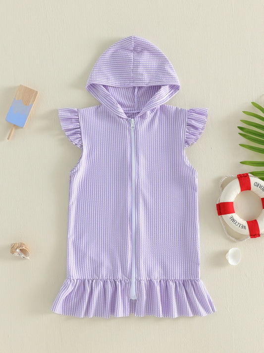 Striped Hooded Terry Cloth Swim Cover Up with Flying Sleeves for Little Girls - Perfect Bathing Suit Wrap for Pool or Beach