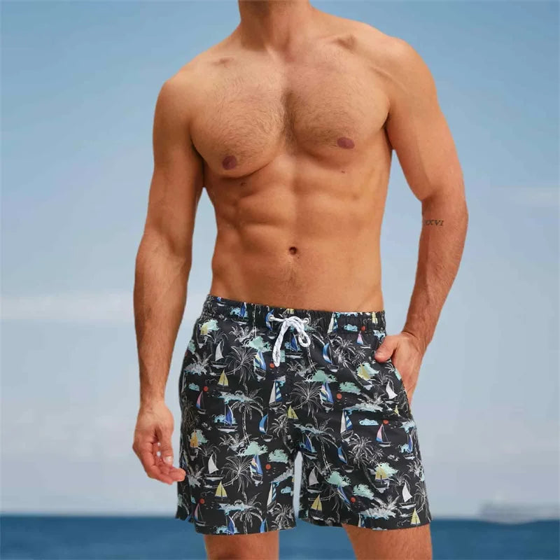 Men s Swim Trunks Quick Dry Beach Shorts with Drawstring Elastic Waistband Tropical Palm Leaf Print Swimwear for Summer