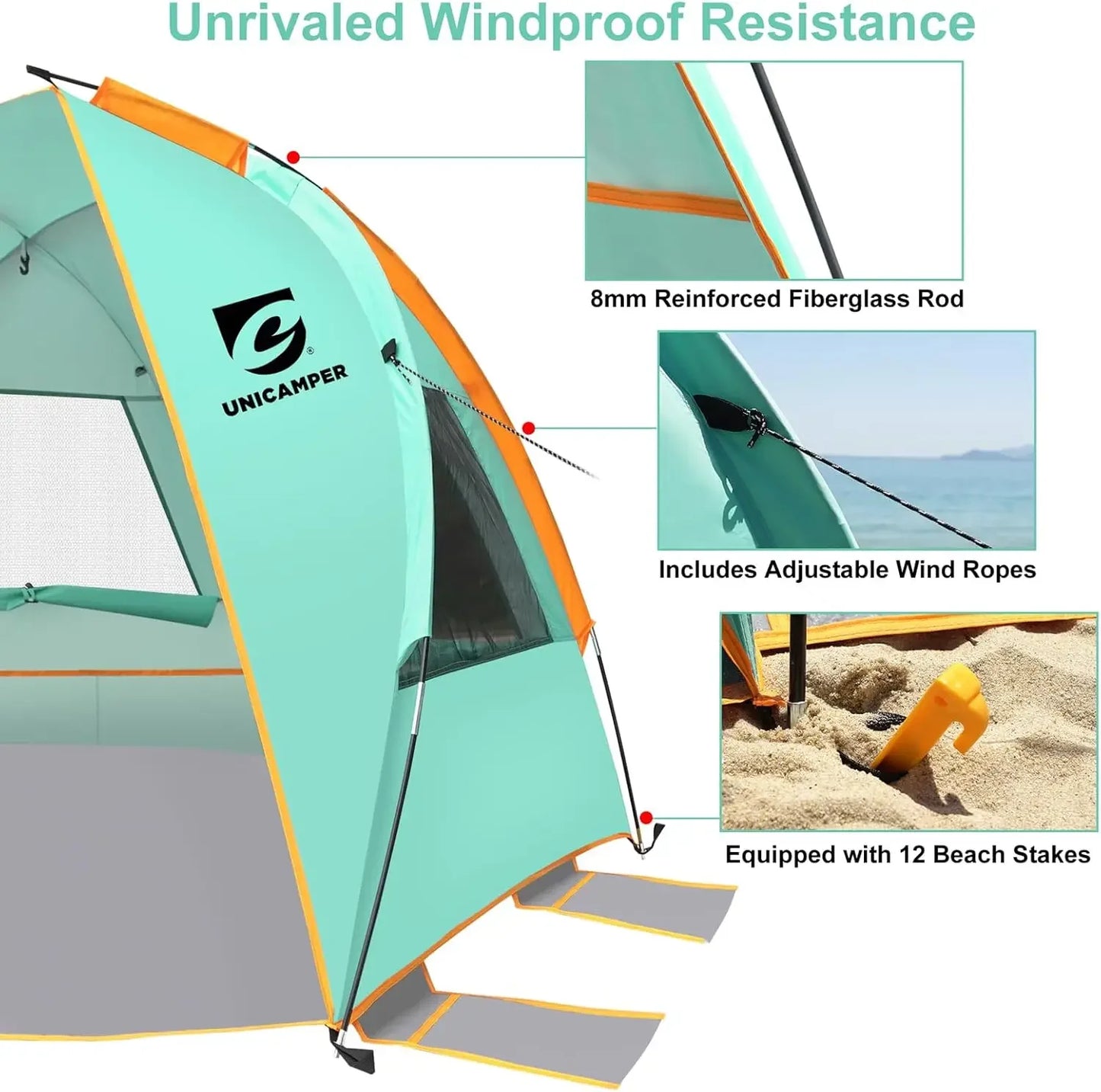 Beach Tent, 3 Person Sun Shelter. UPF 50+ with Extended Waterproof  Floor & 3 Mesh Roll Up Windows