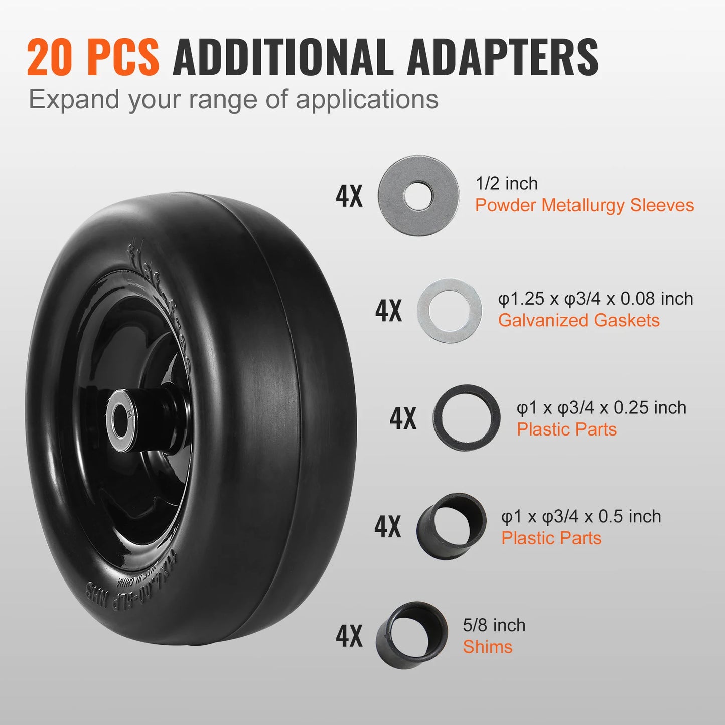Tubeless Mower Wheels, Pair of Flat-Free PU Tires on Rims 3.4" Hub 3/4" Bushing Suitable for Riding Mower & Lawn Tractor