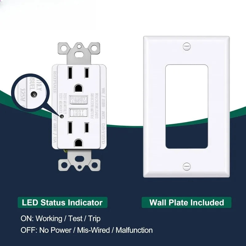 GFCI Outlet 15 Amp, GFI with LED Indicator, Ground Fault Circuit Interrupter. 10 Pack