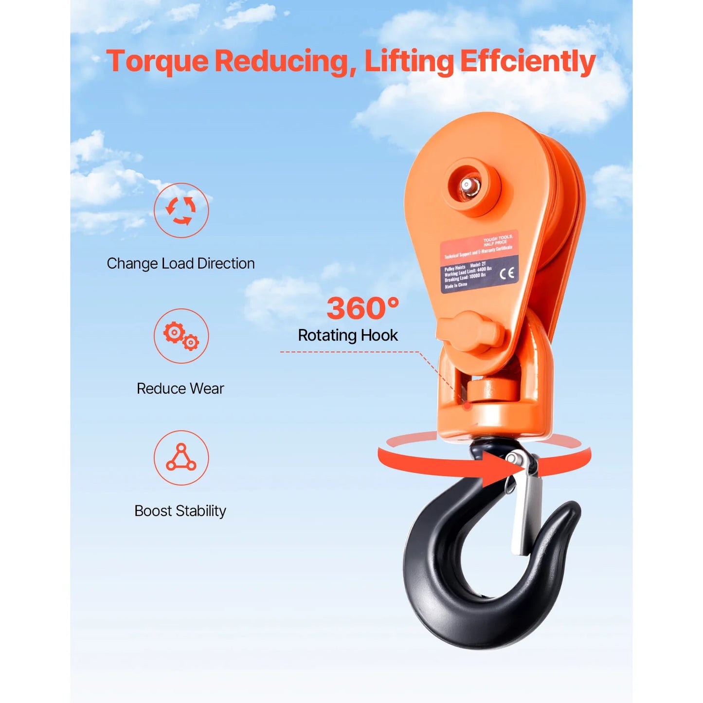 2T Snatch Block Pulley with Swivel Hook, for Lifting or Offroad Recovery for Towing Operation