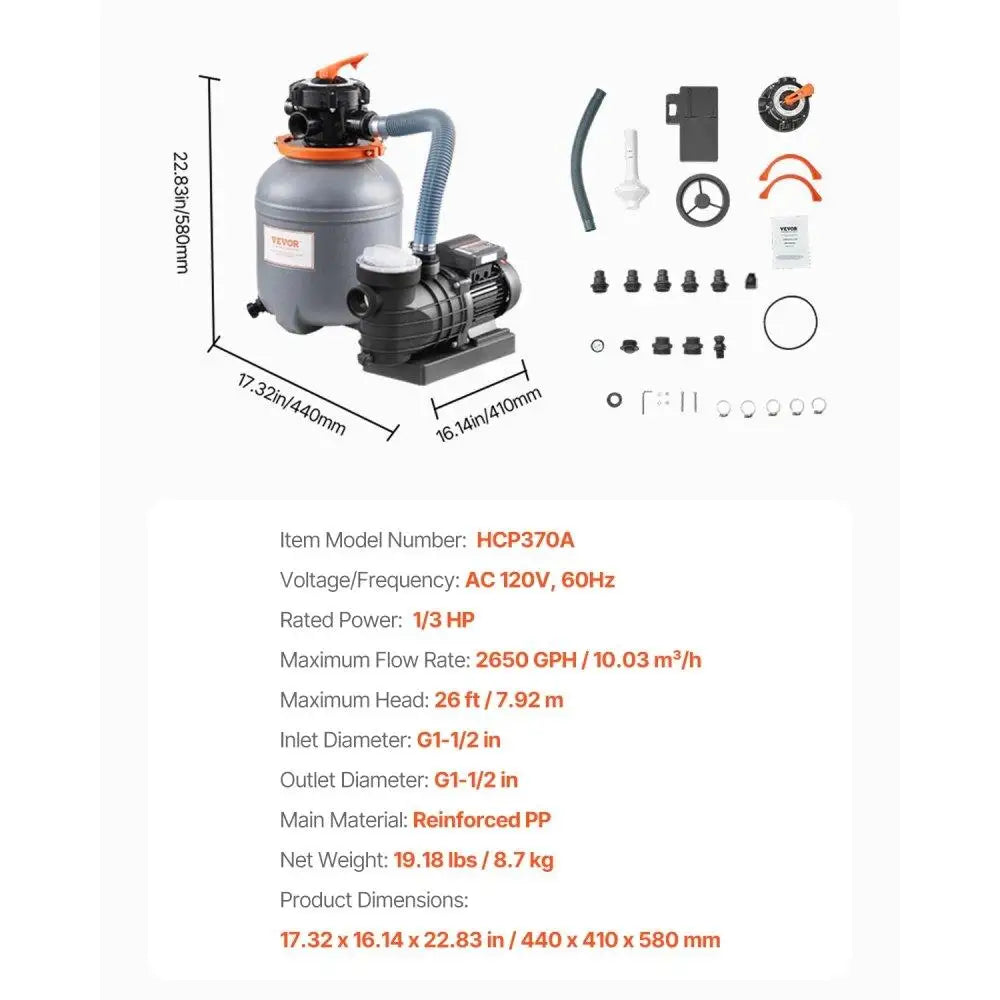 12 Inch Sand Filter Pump for Ground Pool  2650 GPH Flow Rate