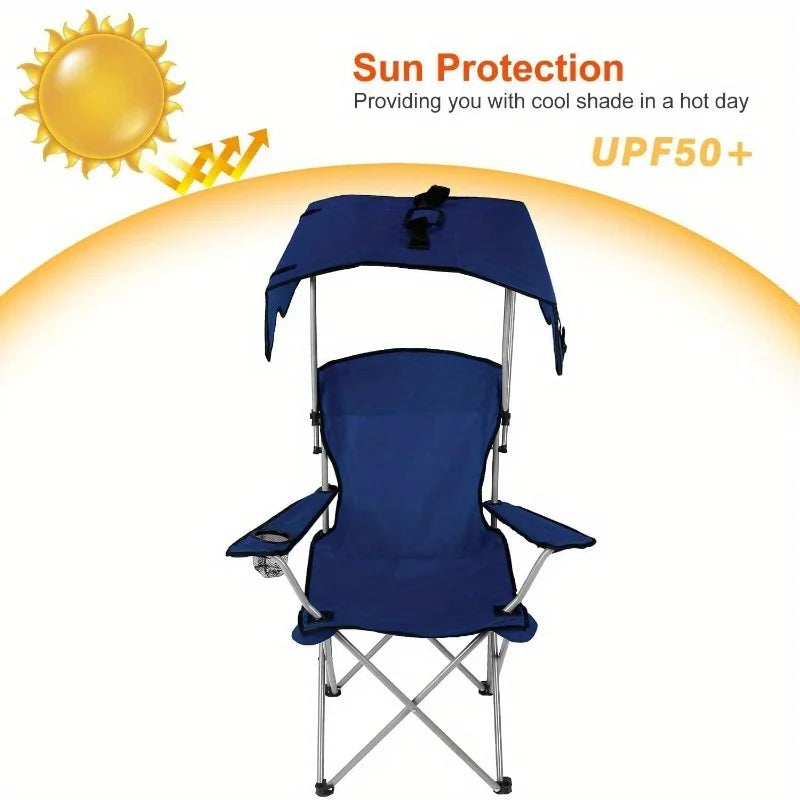 Camping Chair With Canopy, Outdoor Folding Lounge Chair With Adjustable UPF 50+ Sun Shade & Cup Holder