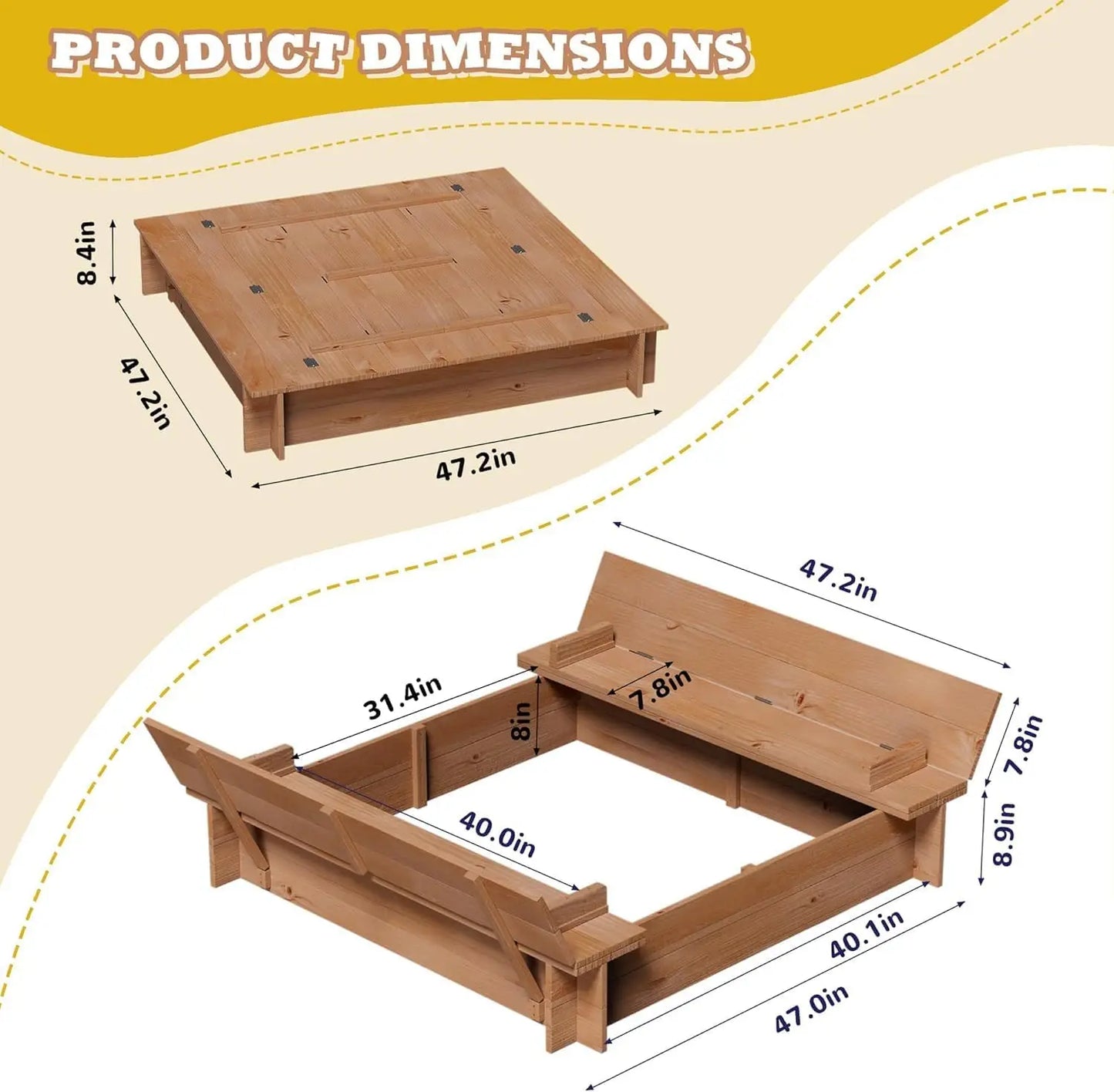 Wood Sandbox with Lid, Spacious Outdoor Play Area with Foldable Bench Seats with Cover Bottom Liner for Backyard