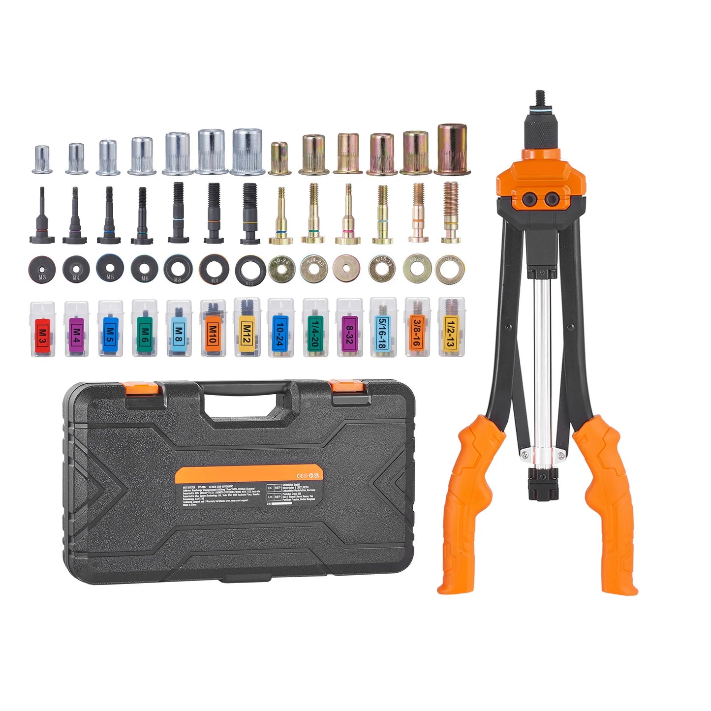 14", 16" Rivet Nut Tool Kit with Metric and SAE Mandrels. 70PCS/186PCS Rivet Nuts With Rugged Carrying Case