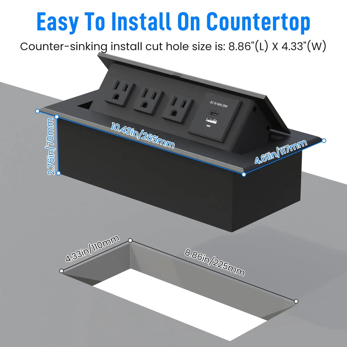 Conference Table Power Outlet  Type-C Fast Charging Pop Up Table Hub Connection Box with 3AC Outlets and USB Port