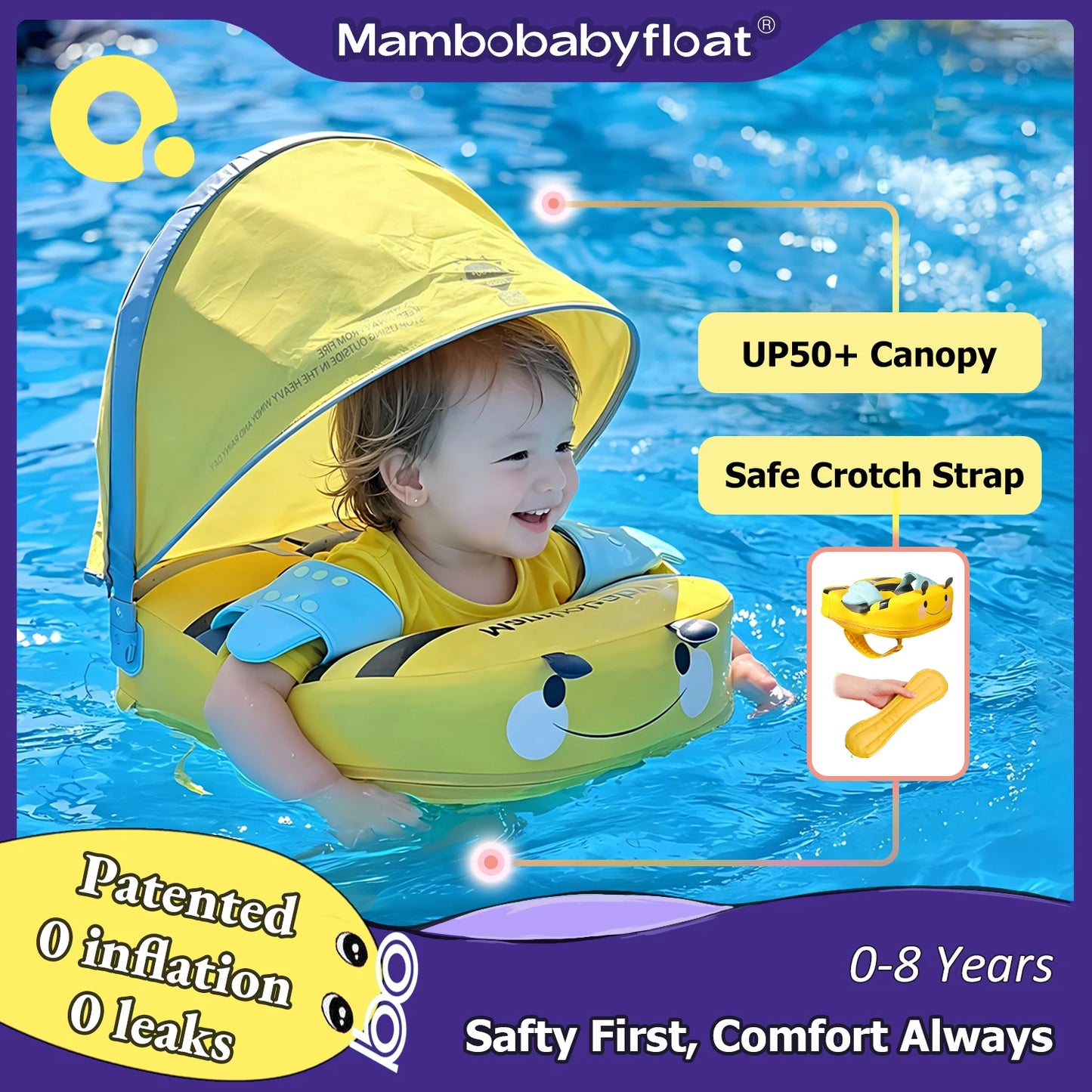 Baby Float with Crotch Support, 98% UV Protection Canopy. Skin-friendly Baby Swim Ring Pool Float