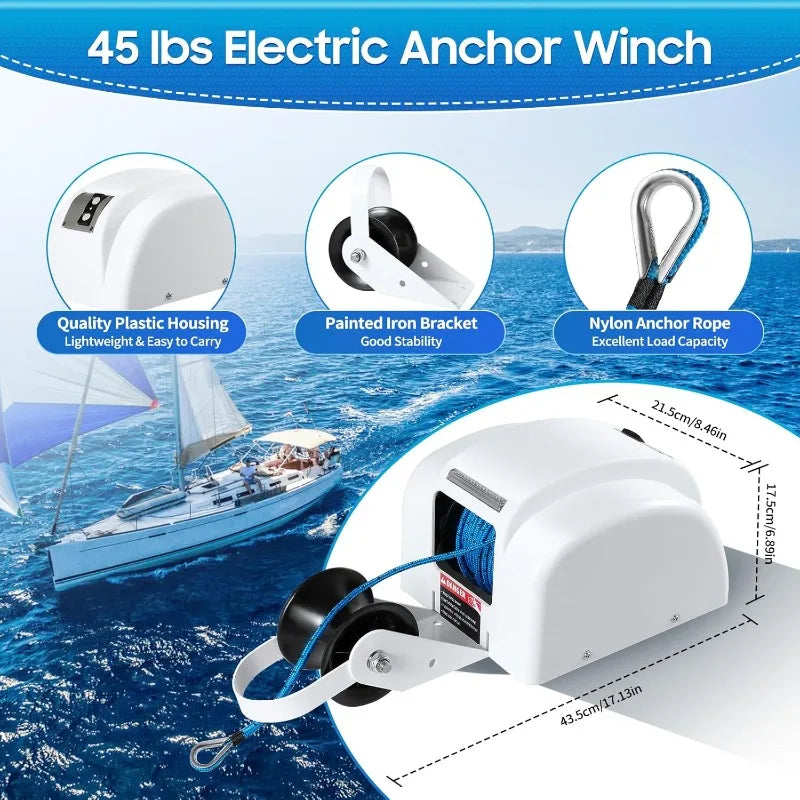12V Electric Boat Anchor Winch with Remote Control for Anchor 45LB Automatic Anchor Winch with 100Ft Anchor Rope for Boats