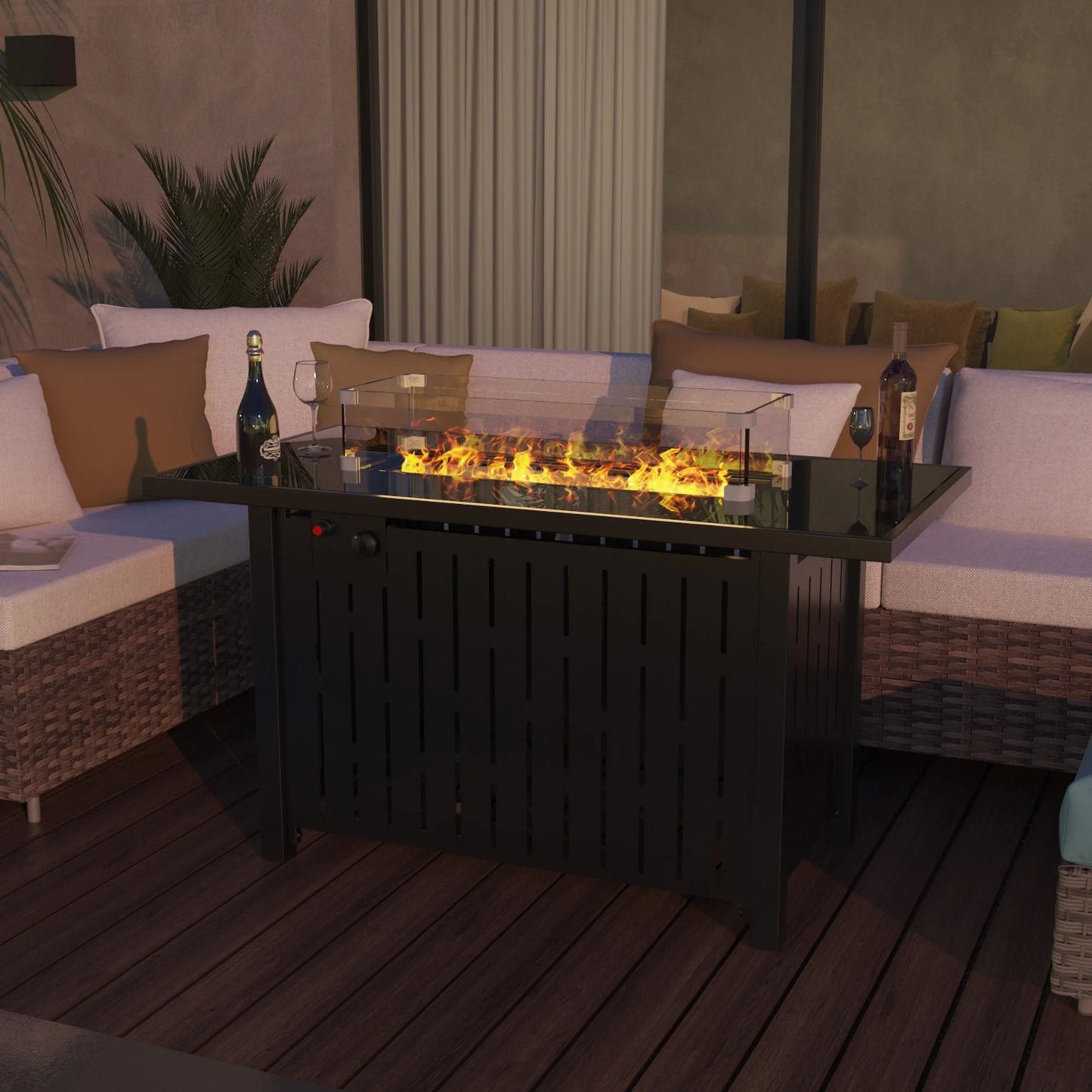 42 Inch Gas Fire Pit Table, 50,000 BTU Propane Pit, for Outside with Steel Lid and Waterproof Cover, 2 in 1 Firepit Table