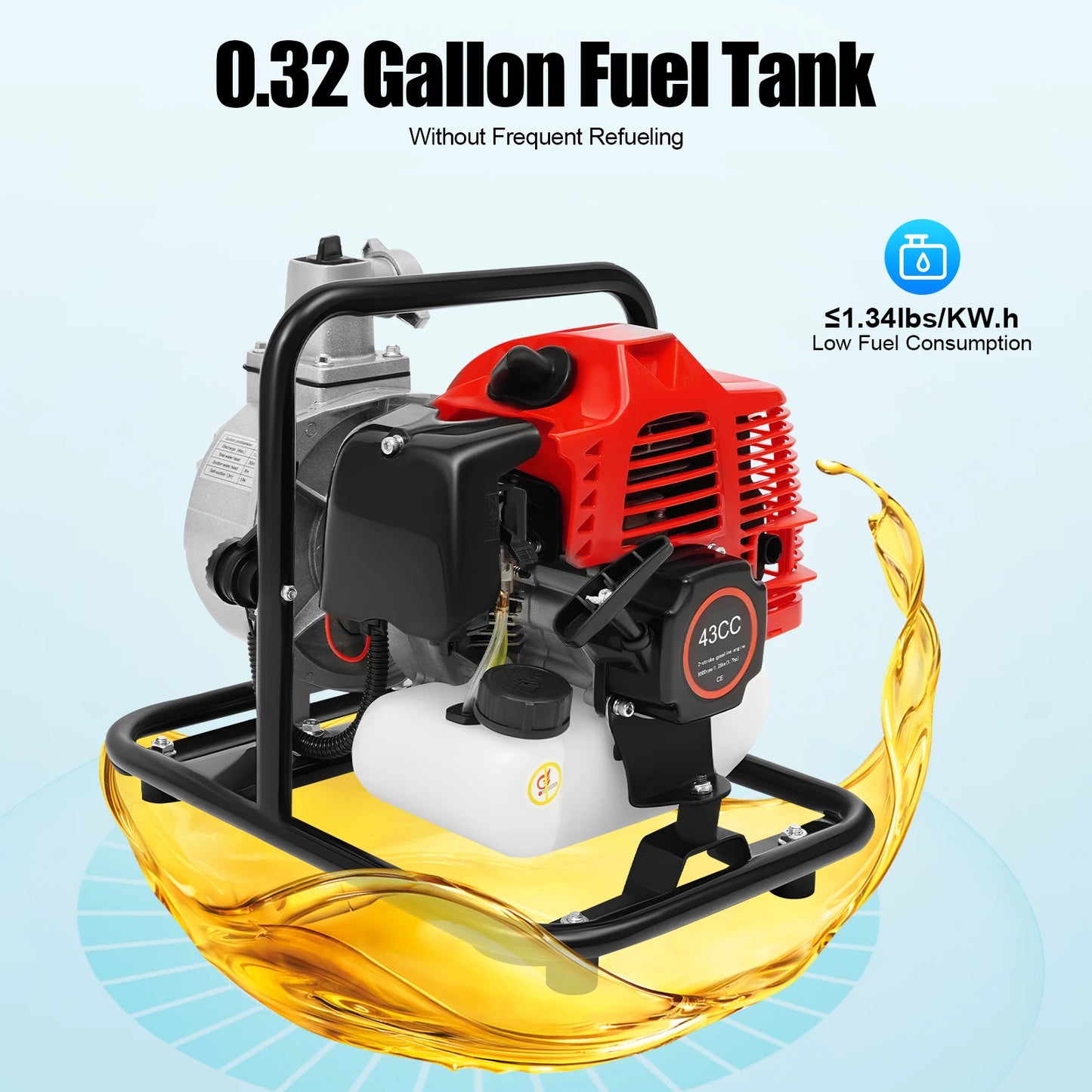 1250W Gasoline Engine Water Pump, 2-Stroke Engine Water Pump ,43CC Water Transfer