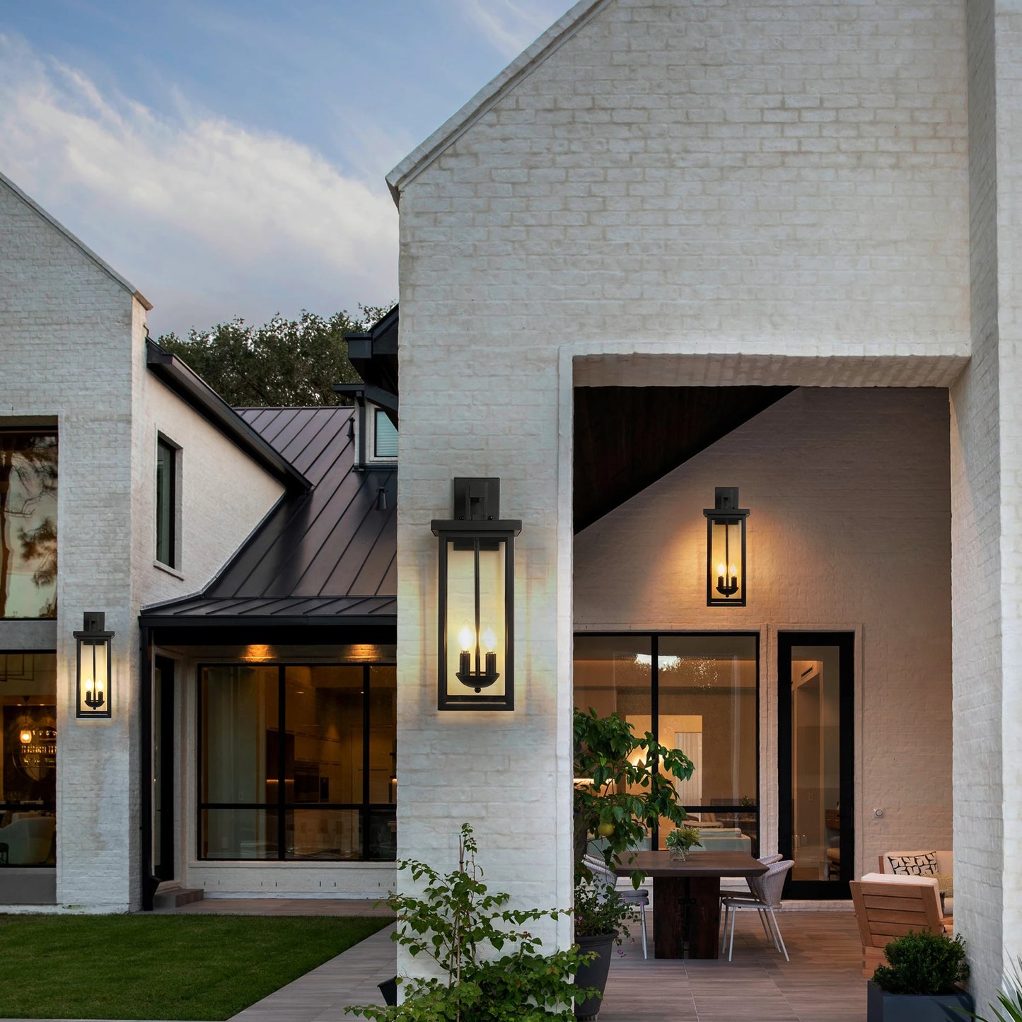 22"(H) Outdoor Wall Lantern with Dusk to Dawn Sensor. Matte Black Finish Clear Glass Panels, Weatherproof Exterior Light