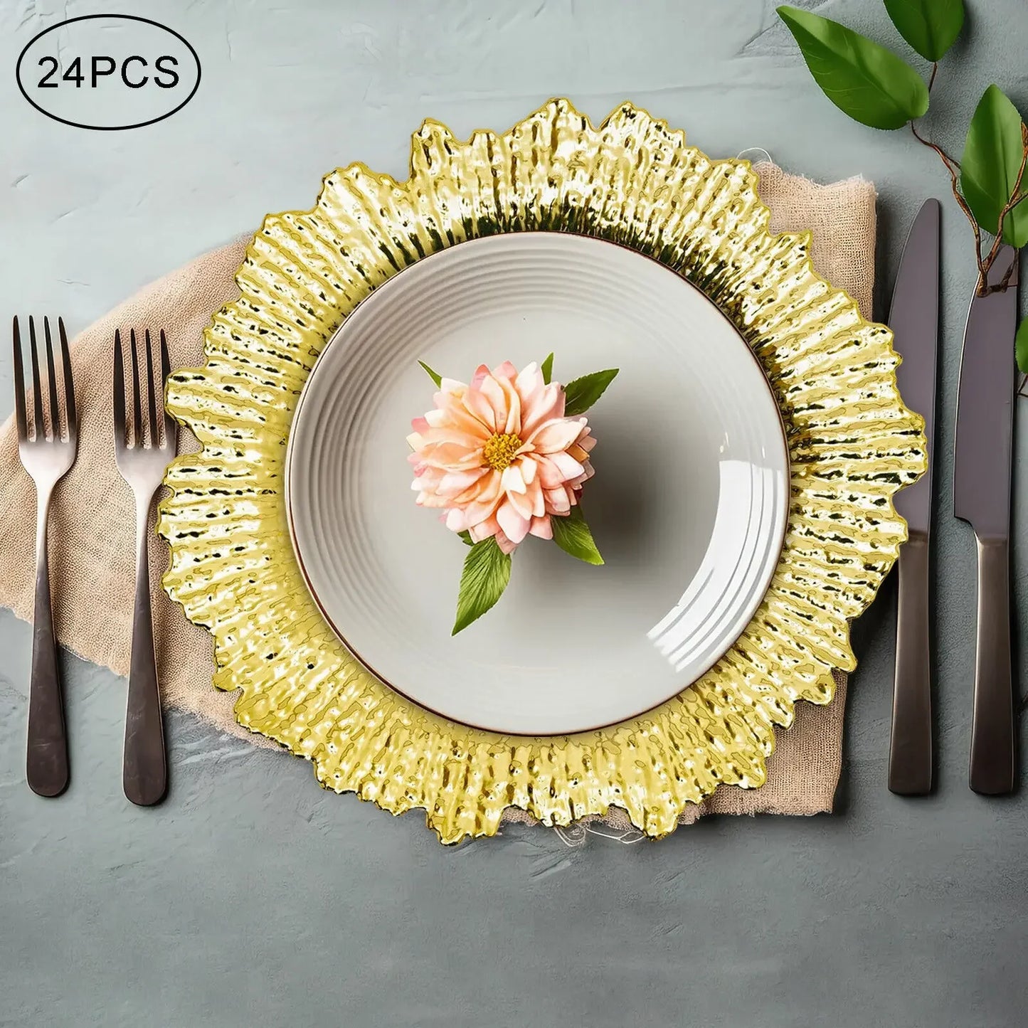 Gold Chargers PP Plate Decoration Table Setting, Round Salad Reef Plate for Wedding Christmas Dinner,24Pcs